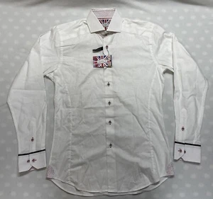 Neu mit Etikett 7 Downie ST geknöpftes Freizeithemd Herren M modische Passform weiß Druck Kontrastmanschette - Bild 1 von 24