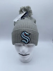 Seattle Kraken Beanie Hat Fanatics - Authentic Pom Winter Hat Gray Logo NEW NHL - Picture 1 of 5