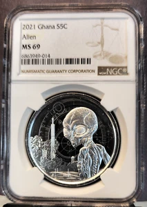 2021 REPUBLIC OF GHANA SILVER 5 CEDIS ALIEN NGC MS 69 GREAT COIN TOP POP - Picture 1 of 3