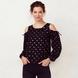 LC Lauren Conrad Women's Black Gold Print Cold-Shoulder Top - NWT - Picture 1 of 3