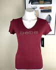New Bebe Crystal logo V neck short sleeve Top Tee Dark Red size M