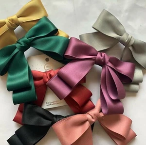 Women Girl Satin Layers Ribbon School Color Bow Bowknot Hair Head Barrette Clip  - Picture 1 of 16
