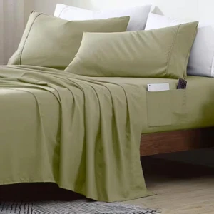 Queen Size Microfiber Sheet Set with 8 In. Double Storage Side Pockets, Sage - Picture 1 of 7