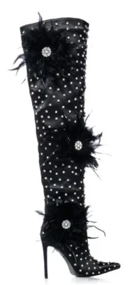 AZALEA WANG Taryn Black Satin Feather Flower Thigh High Stiletto Heel Boots Sz 8 - Image 1 of 4