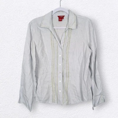 Camisa feminina Sundance azul linho bordada manga longa botão tamanho 10 - Imagem 1 de 4