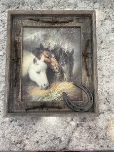 Pferdebild, Holz gerahmt, rustikal 13" Höhe x 11" Breite - Bild 1 von 12