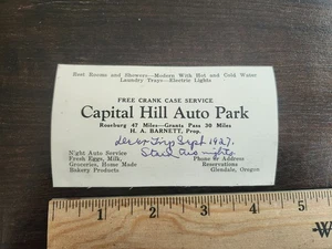 1927 Glendale Oregon Capital Hill Auto Park Visitenkarte - Bild 1 von 2