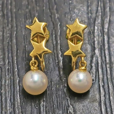MIKIMOTO K18YG Yellow Gold Star Swing Pearl Earrings #933c Rise-on - Image 1 of 4