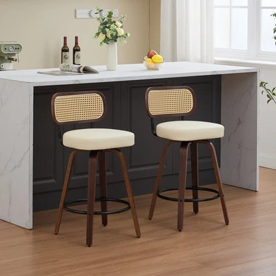 Swivel Counter Height Bar Stools Set of 2 26"Beige PU Leather Kitchen Bar Stools - Image 1 of 4