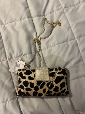 Vintage Evening Bag Jeweled Closure Cross Body Chain Black Cheetah Print SPARKLY - Image 1 of 4