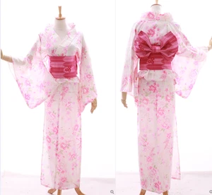 K-024 blanco rosa brillo mariposa flores geisha kimono yukata obi cinturón - Imagen 1 de 11