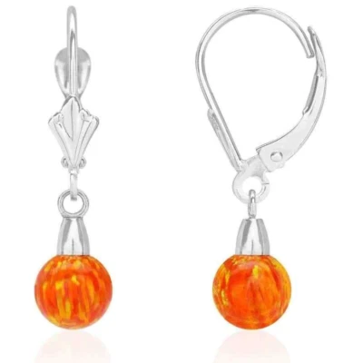 Pendientes colgantes de oro blanco de 14K de 6 mm en forma de bola naranja ópalo de fuego con palanca de 1" Foto 1 de 4
