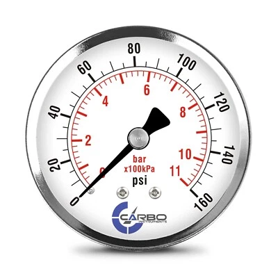 CARBO INSTRUMENTS 2-1/2" Pressure Gauge - Chrome Plated Steel Case, 1/4"NPT, Back Mnt. 160 PSI