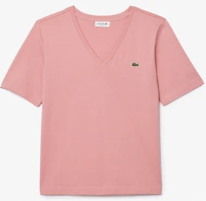 Lacoste Ladies Relaxed Fit Soft Cotton V Neck T-Shirt in Pink.     C13 - Picture 1 of 5