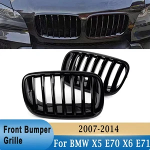 2X Front Hood Kidney Grill Grille Glossy Black For BMW X5 X6 E70 E71 2007-2013 - Foto 1 di 9