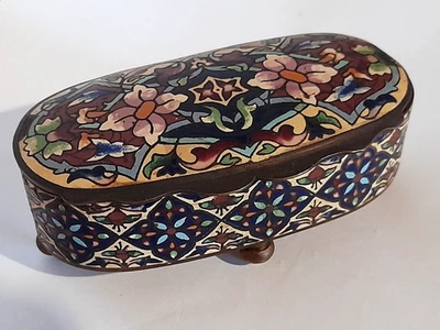 ancienne boite coffret à bijoux bronze et émaux cloisonnés capitonnée XIXe - Photo 1/4