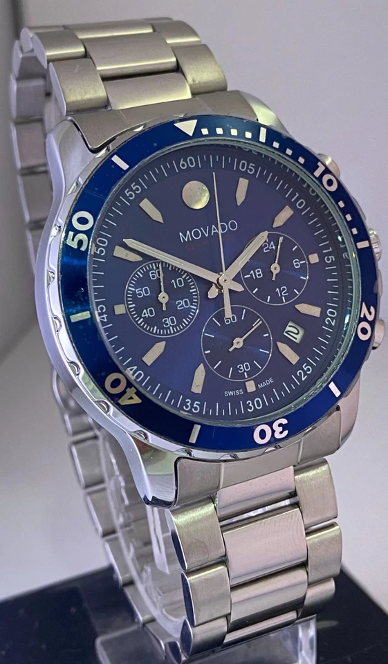 Refurbished Blue Dial Movado Chronograph With Date, Stainless Steel Quartz Watch - image 1 of 4
