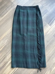 Breeches Plaid Wrap Skirt 100% Wool Fringe Trim Midi Vintage Made In USA Green 6 - Picture 1 of 12