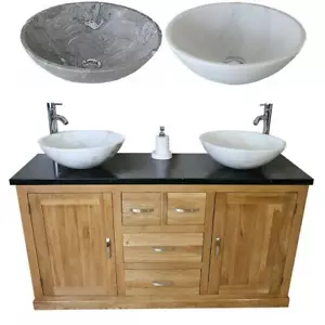 Solid Oak Bathroom Double Vanity Unit Cabinet Black Quartz Marble Basin Set 603 - Picture 1 of 10
