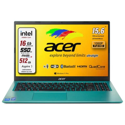 Acer Notebook Intel N6000 SSD 512 GB RAM 16 GB 15,6" FulllHD Blue Pronto all'Uso - Immagine 1 di 4