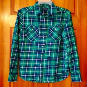 POLO Ralph Lauren Boys Large 14-16 Long Sleeve Blue & Green Plaid Flannel Shirt - Picture 1 of 10