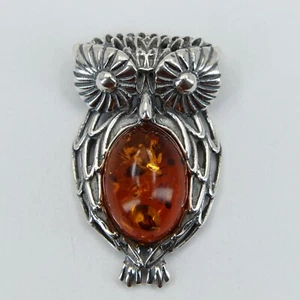 Natural Cognac / Brown BALTIC AMBER Owl Pendant 925 STERLING SILVER #3505 - Picture 1 of 3