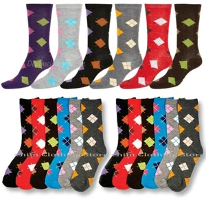 6 Pairs Women Crew Socks Colorful Argyle Diamond Soft Stretchy Novelty Girl Lot - Picture 1 of 2