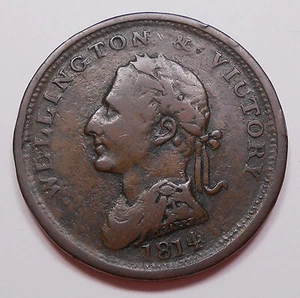 Moneda rara Irlanda 1816 Wellington & Victory EDWD BEWLEY Dublín Penny Token en muy buen estado-f - Imagen 1 de 2