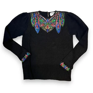 Vintage Sweater Small Black Sequin 80s Tunic Oversized - Picture 1 of 8