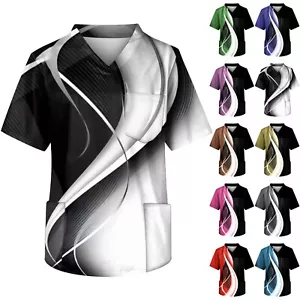 Mens Scrub Tops, Casual Printed Short Sleeve V Neck Nurse Uniforms with Pockets - Picture 1 of 41