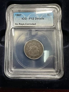 1867 Shield Nickel 5c No Rays - ICG F12 Details Corroded. - Picture 1 of 2