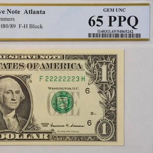 $1 Fancy Serial Number 7 In A Row Near Solid Series 1999 PCGS 65PPQ - F22222223H - Picture 1 of 4