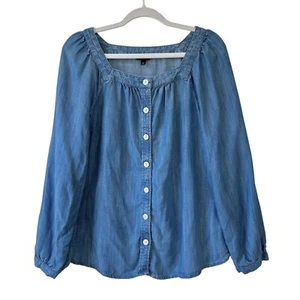 TALBOTS Sz L Blue CHAMBRAY Square Neck Button Front Womens Blouse  Casual Soft - Picture 1 of 9