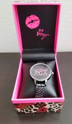 Women's Betsey Johnson Watch, Black w/ Pink & Clear Stones, Factory Sealed, NIB - Image 1 of 4