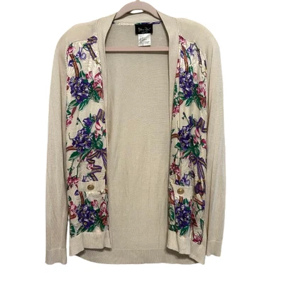 VTG Diane Freis Open Front Cardigan Mix Media Floral Rayon Silk Long Line Large - Imagem 1 de 4