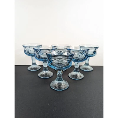 6 винтажных стеклянных шербетов Brutalist MCM для шампанского в комплекте Fostoria Woodland синие - Изображение 1 из 4