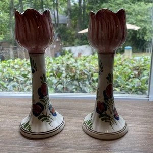 2 Polychrome Delft Hand Painted Tulip Figural 6 1/2" Candlesticks Made Holland - Picture 1 of 11