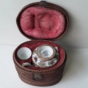 Antique Chinese Famille Rose Medallion Teapot and Teacup Set with Basket 19th C - Picture 1 of 12