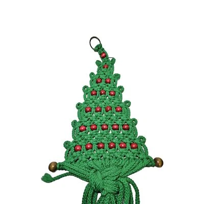 Vtg Handmade Green Macrame Christmas Tree Wall Hanging w/ Red Wood Bead 21" - Image 1 of 4