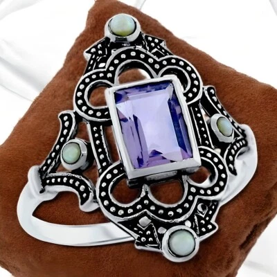 ANEL FILIGRANA DE PRATA ESTERLINA 925 ESTILO VINTAGE AMETISTA E PÉROLA GENUÍNO #838 - Imagem 1 de 3