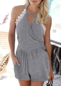 "CLEARANCE" Lace Splicing Pocket Keyhole Neck Sleeveless Romper - Sizes: M - L - Picture 1 of 3