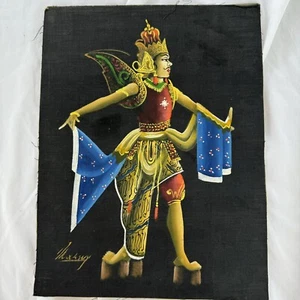 Tableau ancien original signé homme exotique de royauté sur tissu 9,75" x 12,75" - Photo 1/10