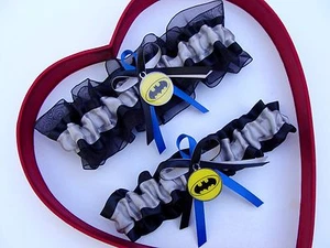 Handmade Batman Wedding Garter Silver Black Yellow Blue Superhero Garter Prom - Picture 1 of 1