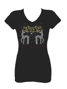 CAMISETA DE NAVIDAD DE RENO TODO RHONESTONE BLING CUELLO DE VCUELLO CORTO - Imagen 1 de 2