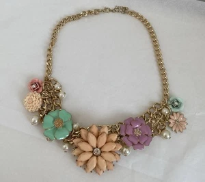 Pastel Multicolor Floral Rhinestone & Pearl Gold Costume Jewelry Necklace - Picture 1 of 5