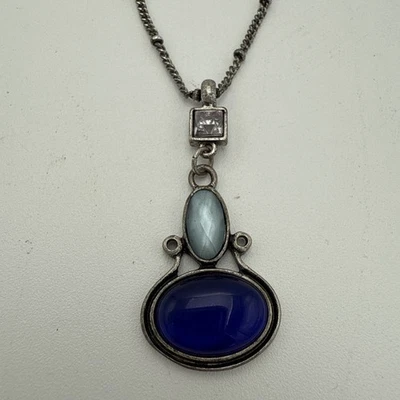 LIA SOPHIA necklace BLUE Cat's eye Boho retired gun metal tone rhinestone gothic - Image 1 of 4