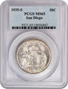 1935 S 50C San Diego Commemorative Silver Half Dollar PCGS Mint State MS65 Uncir - Picture 1 of 4