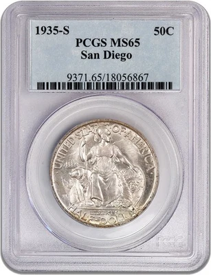 1935 S 50C San Diego Commemorative Silver Half Dollar PCGS Mint State MS65 Uncir - Image 1 of 4