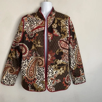 Alfred Dunner Open Front Paisley Floral Animal Print Jacket Sz 8 Brown Red Lined - Image 1 of 4