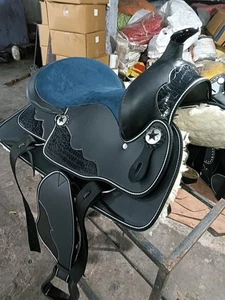Black Synthetic Western Horse Saddle Suede Seat with Tack Set And Free Shipping - Picture 1 of 4